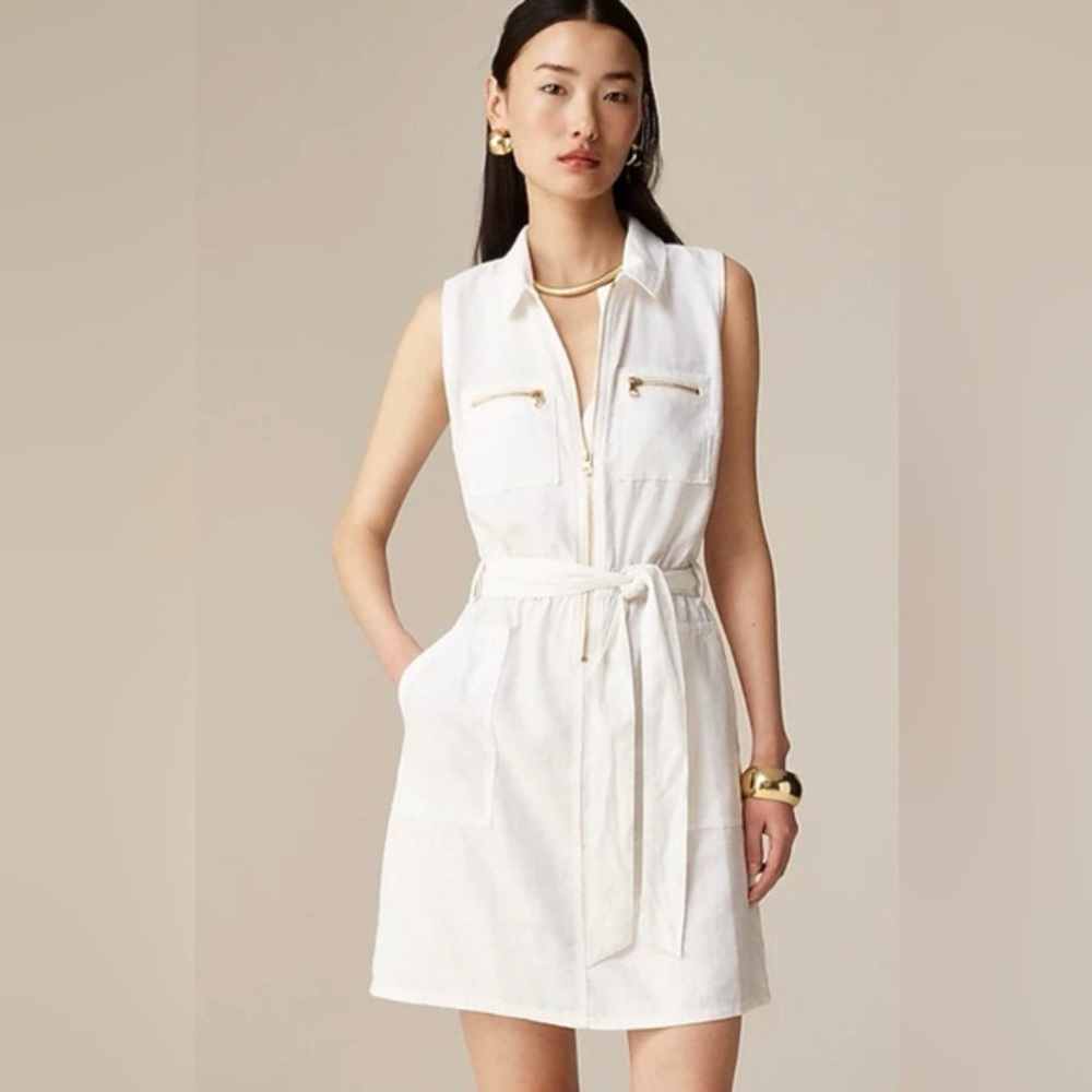 NWT J.Crew Zip Front Linen Blend White Sleeveless Dress